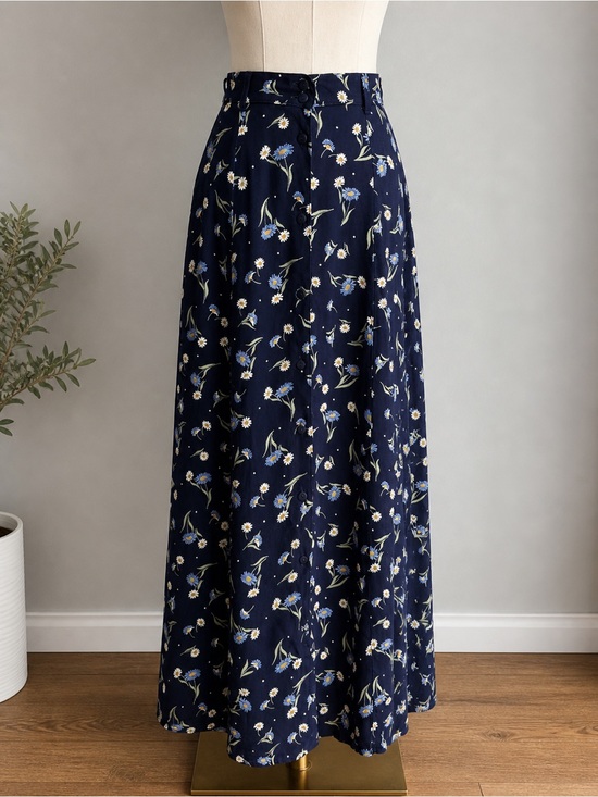 Cotton Ginny Dresses & Skirts - 90s Cotton Ginny Floral Midi Skirt Navy Daisy Rayon High Waisted Button Front